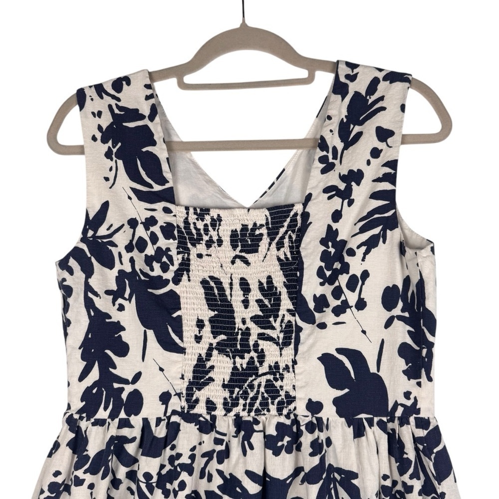 Magaschoni Floral Linen Blend White Navy Blue Sleeveless Midi Dress Size 8 - Picture 5 of 7
